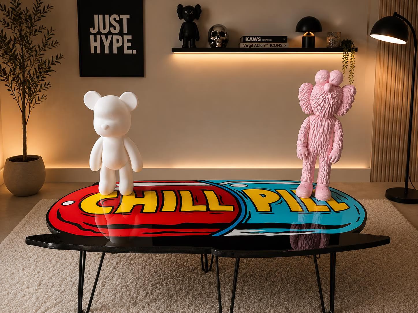 Chill Pill Table — a long capsule-shaped table reading CHILL PILL, in a styled room.