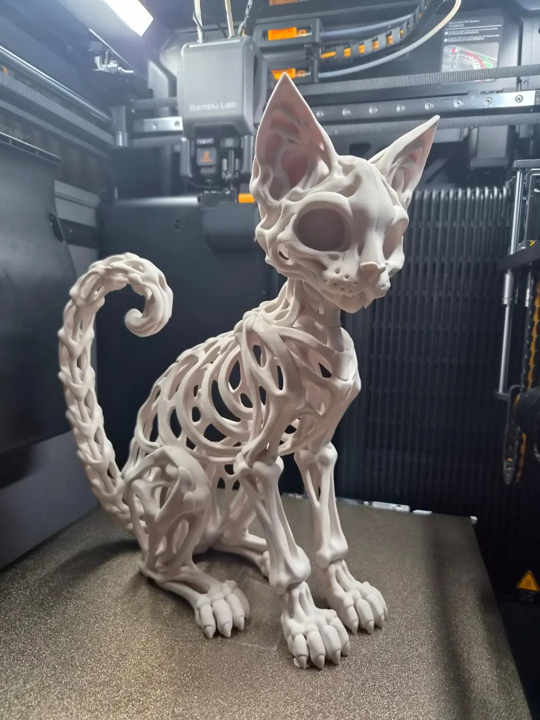 Large 3D Printed Skeletal Cat: Gothic Halloween Decor (Bone White)