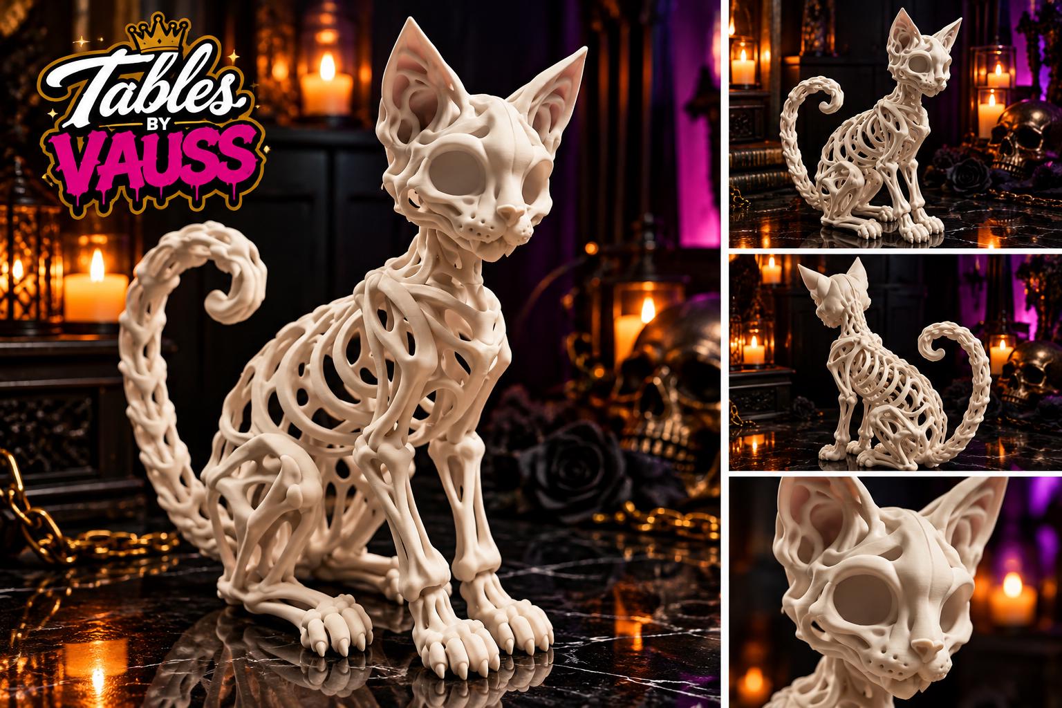 Large 3D Printed Skeletal Cat: Gothic Halloween Decor (Bone White)