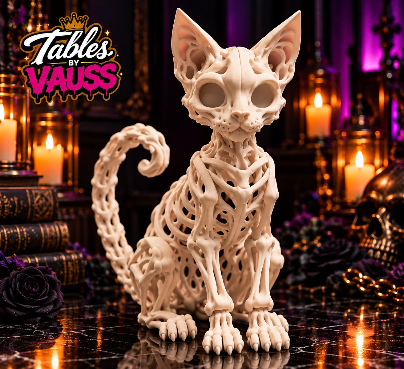 Large 3D Printed Skeletal Cat: Gothic Halloween Decor (Bone White)