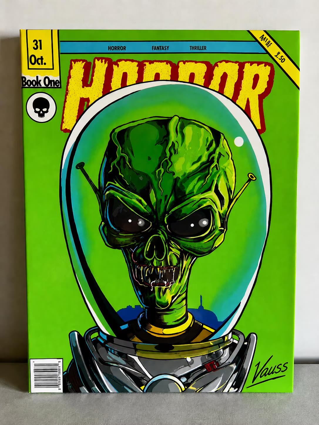 Hand-Painted Horror Comic Alien Art: Retro Sci-Fi Wall Décor (Approx. 3ft Tall) — photograph 2 of 2