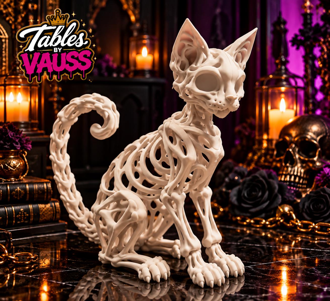 Large 3D Printed Skeletal Cat: Gothic Halloween Decor (Bone White)